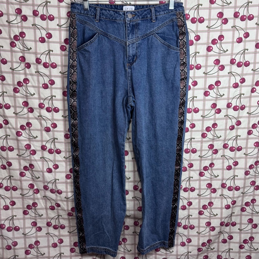 Women’s Le Lis High Rise Baddie Dark Blue Jeans with Snake Print Stripes